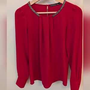 Red Jewel-Neck Long Sleeve Women's Top